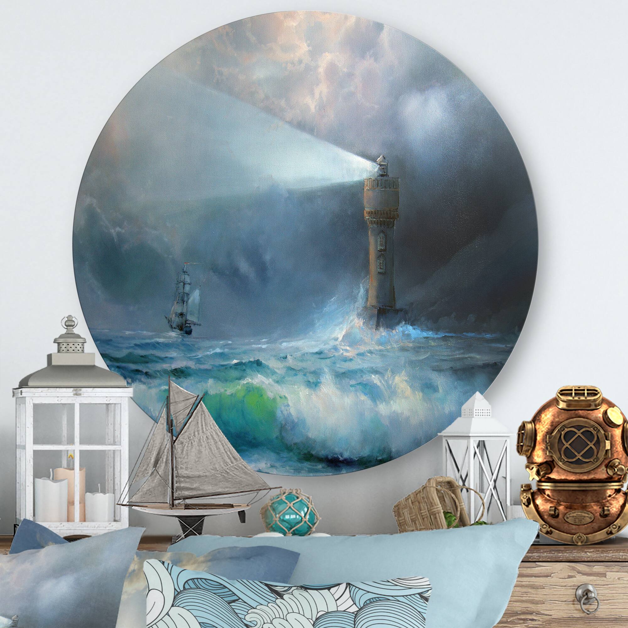 Designart - Lighthouse Shining Light During Stormy Night II